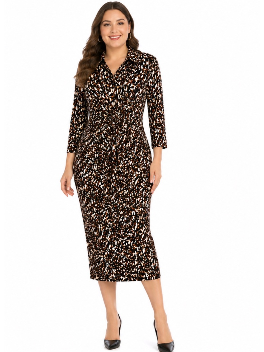 Cocomo Woman Plus Size 1X Abstract Print Twist Front Midi Dress Brown Black chic